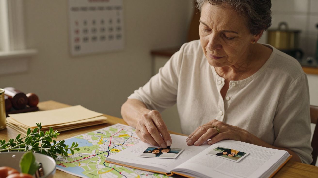 Mulher idosa folheia um álbum de fotos à mesa, ao lado de um mapa e uma planta.
