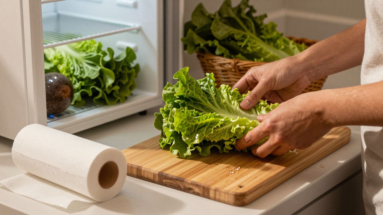 Pessoa a preparar alface fresca numa tábua de corte com rolo de papel toalha ao lado de frigorífico.