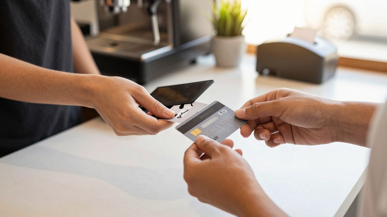 Mãos trocando um cartão de crédito e um smartphone numa mesa, máquina de café ao fundo.