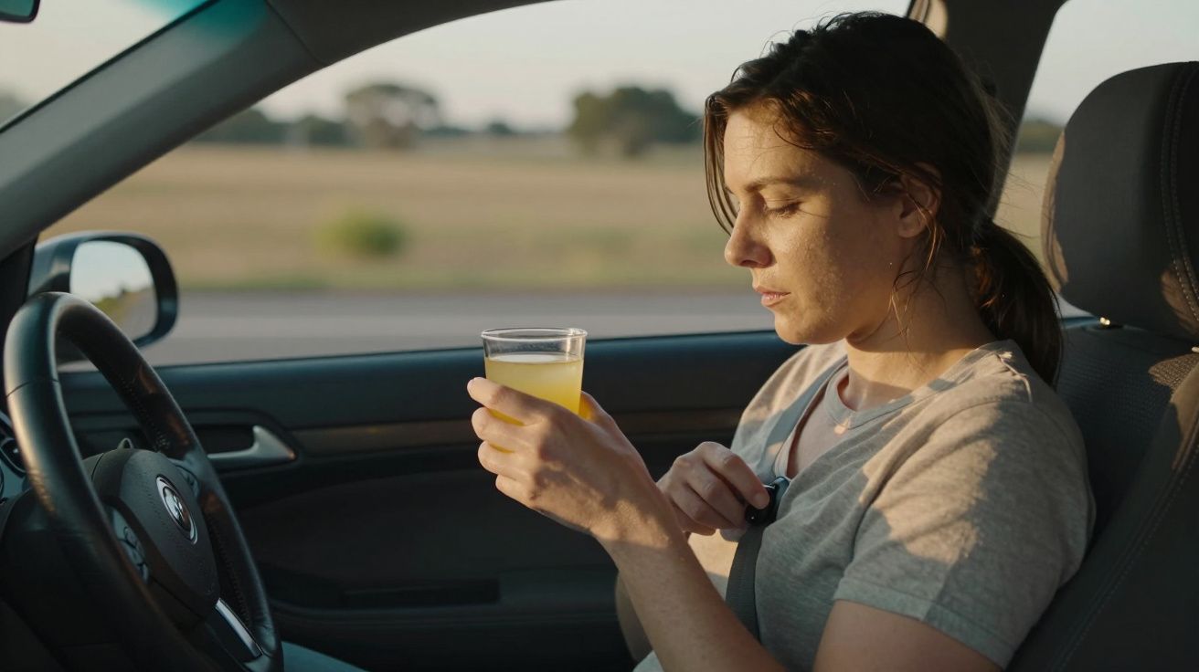 Mulher no carro segurando um copo de sumo, olhando para baixo, com campo desfocado ao fundo.