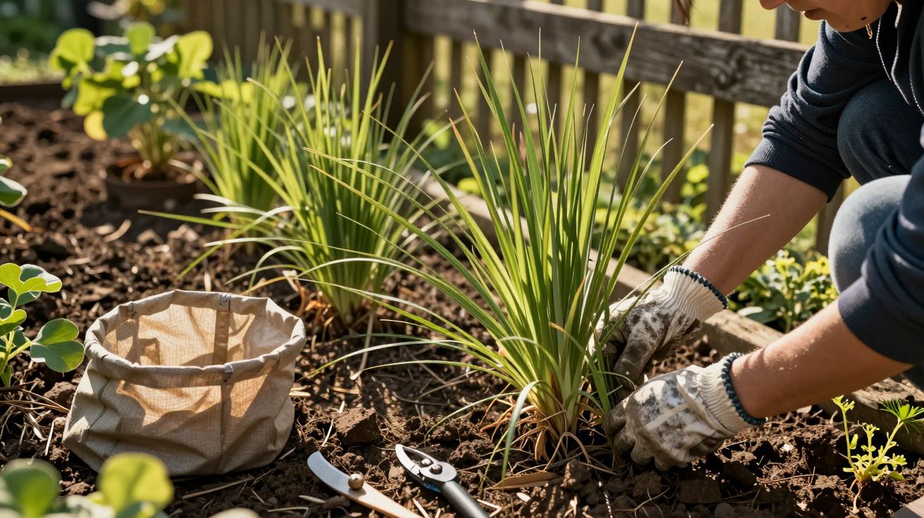 Pessoa a plantar num jardim, usando luvas de jardinagem, com ferramentas e saco ao lado.