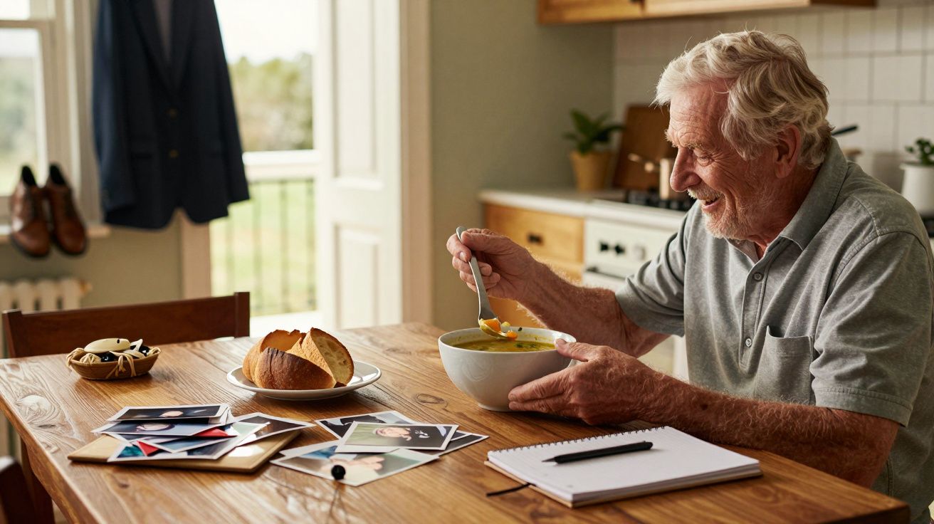 Idoso sentado à mesa, sorrindo, enquanto come sopa e olha fotografias. Pão e caderno ao lado.
