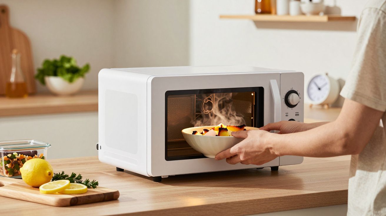 Pessoa retira uma tigela de comida fumegante do micro-ondas numa cozinha moderna, ao lado de limões e vegetais.