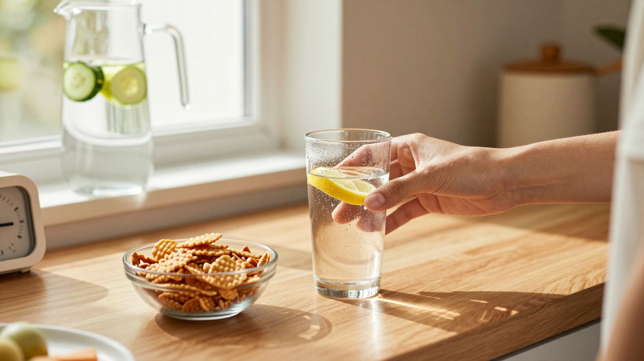 Pessoa a pegar num copo de água com limão numa bancada com um prato de snacks e jarra de água com pepinos.