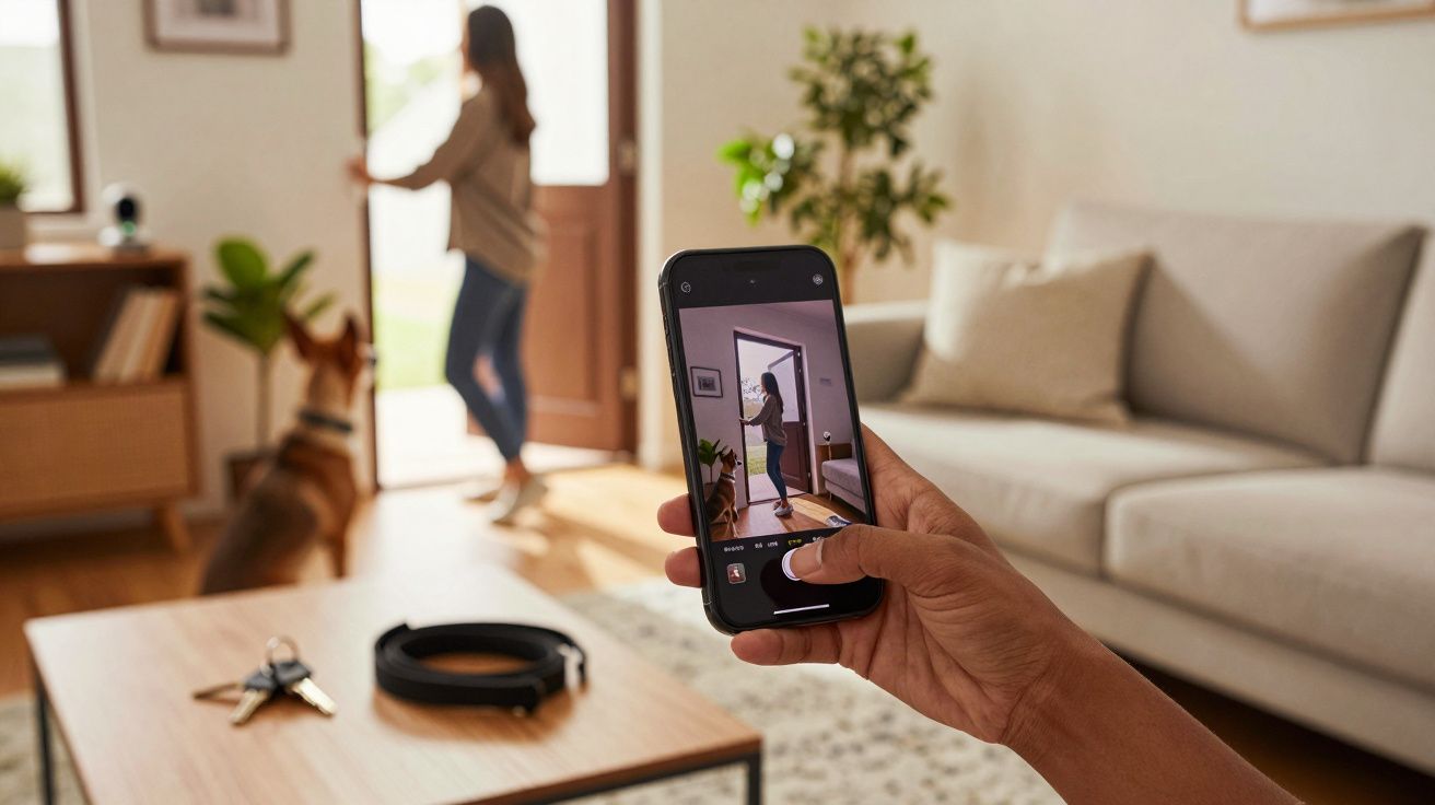 Pessoa a sair pela porta, cão sentado, e mão a segurar smartphone mostrando a imagem capturada.