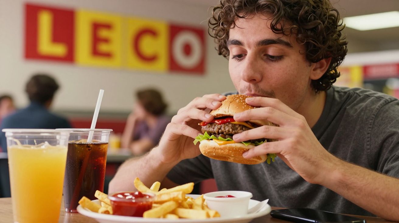 Homem a comer hambúrguer com batatas fritas e bebidas à mesa de restaurante.