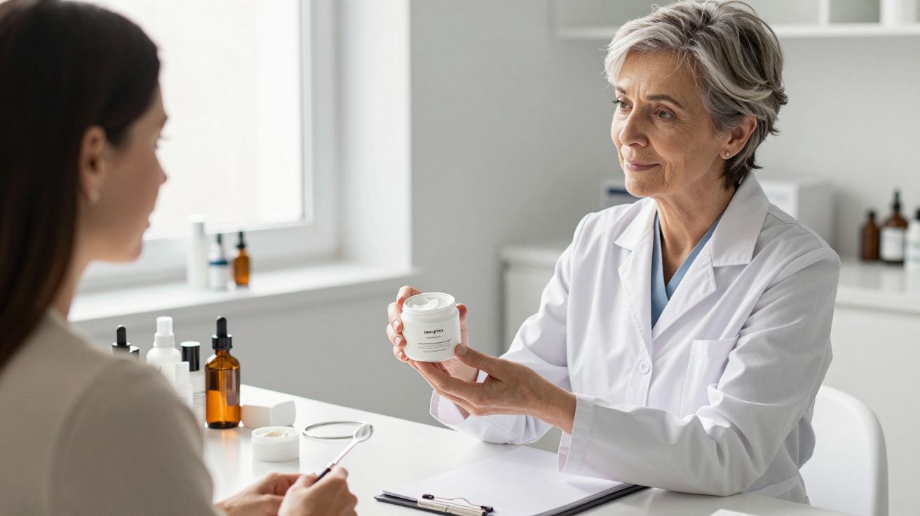 Profissional de saúde em consulta com paciente, segurando embalagem de creme.