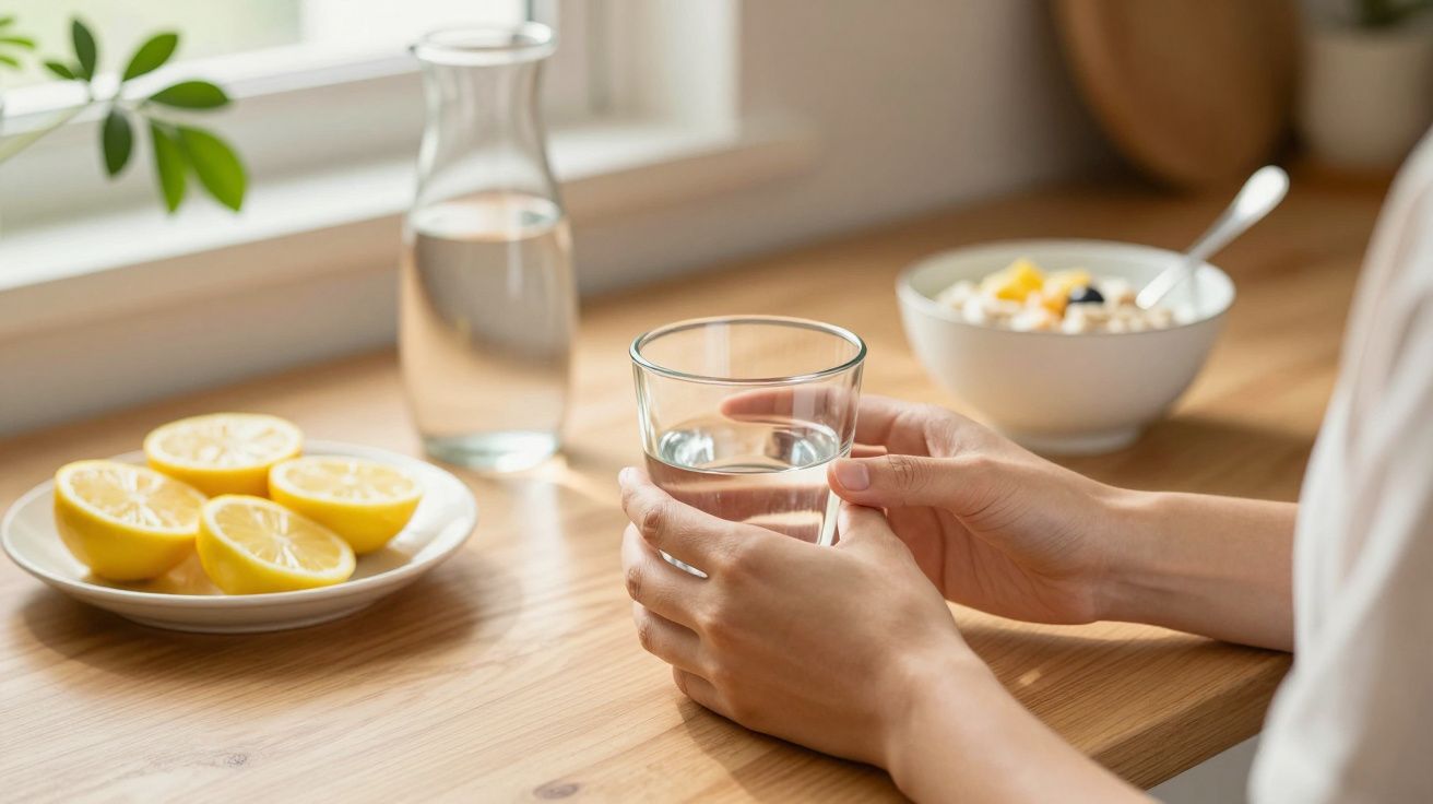 Mãos seguram copo de água numa bancada com limões, jarra de água e uma tigela de cereais ao lado.