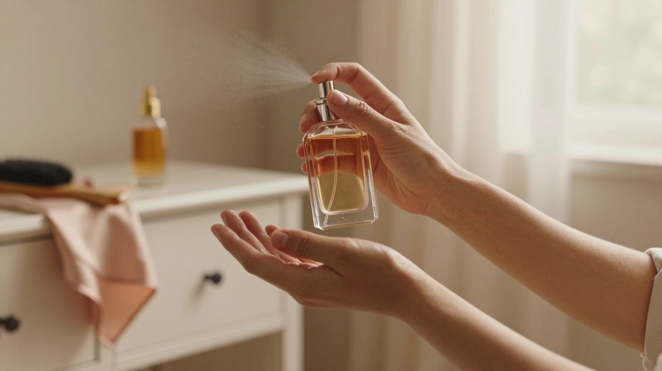 Mãos segurando frasco de perfume, pulverizando fragrância sobre o pulso, com mesa e frasco ao fundo.