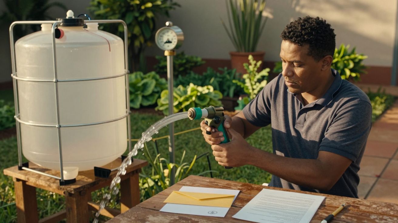 Homem ajusta fluxo de água de um tanque no jardim, com papéis sobre a mesa.