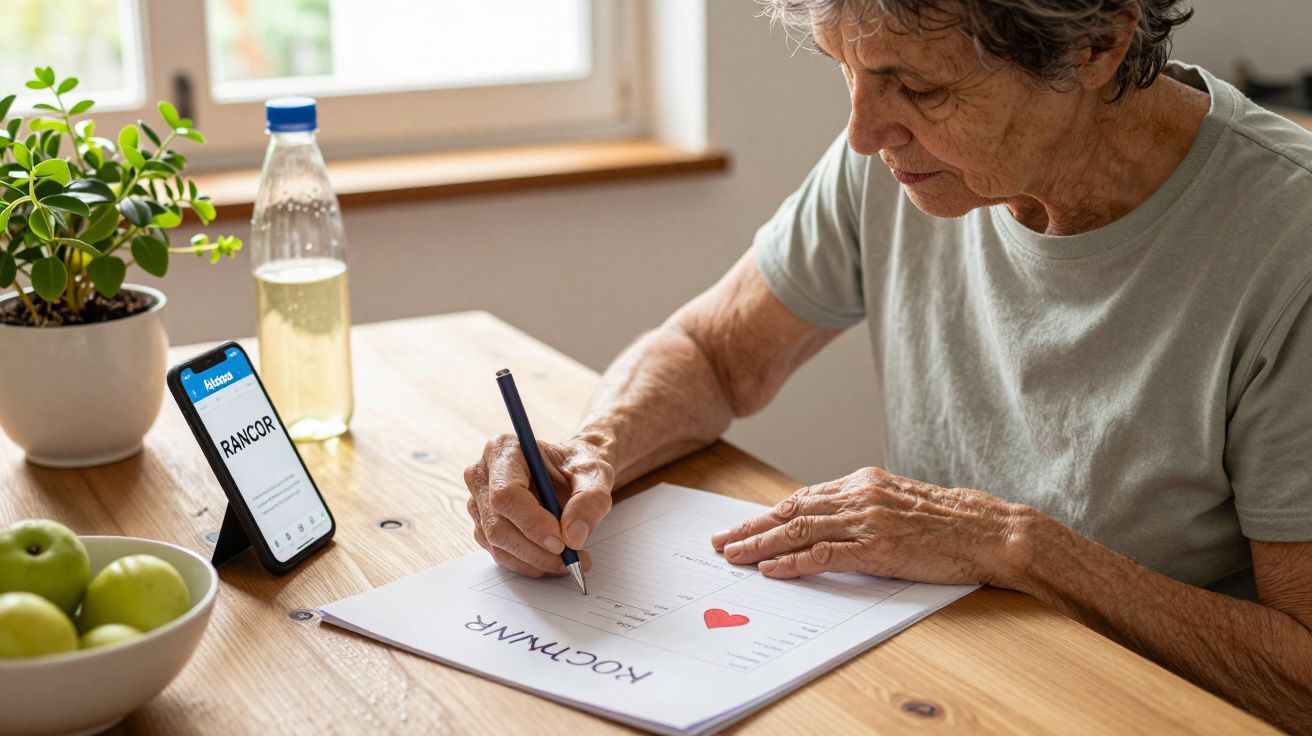 Idosa anotando em caderno, com telemóvel e garrafa sobre a mesa. Planta e maçãs ao lado iluminadas por janela.