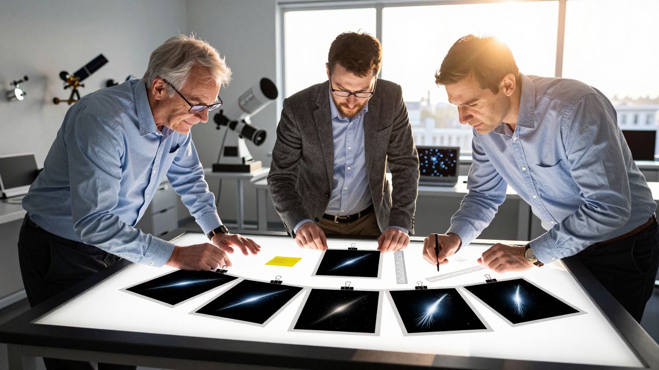 Três homens analisam imagens espaciais numa mesa iluminada num escritório com telescópio ao fundo.