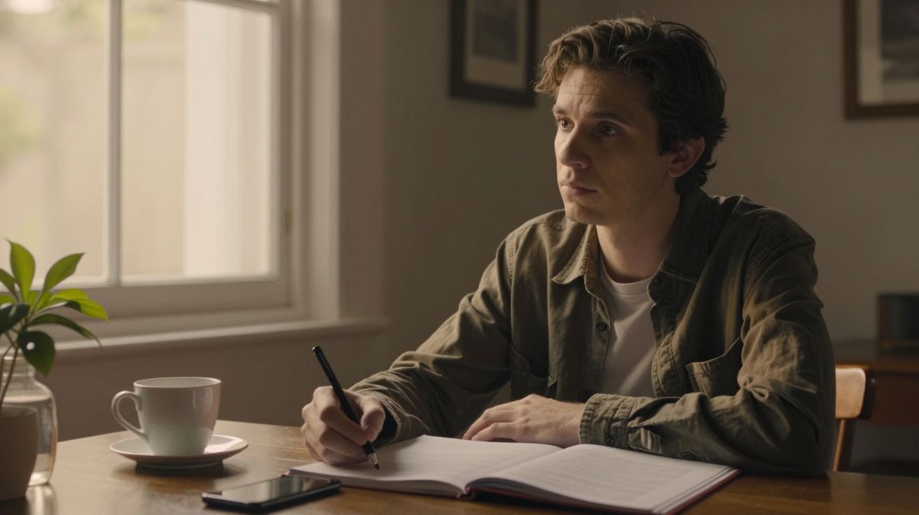 Homem escreve em caderno à mesa com chávena, telemóvel e planta ao lado, iluminado por luz natural.