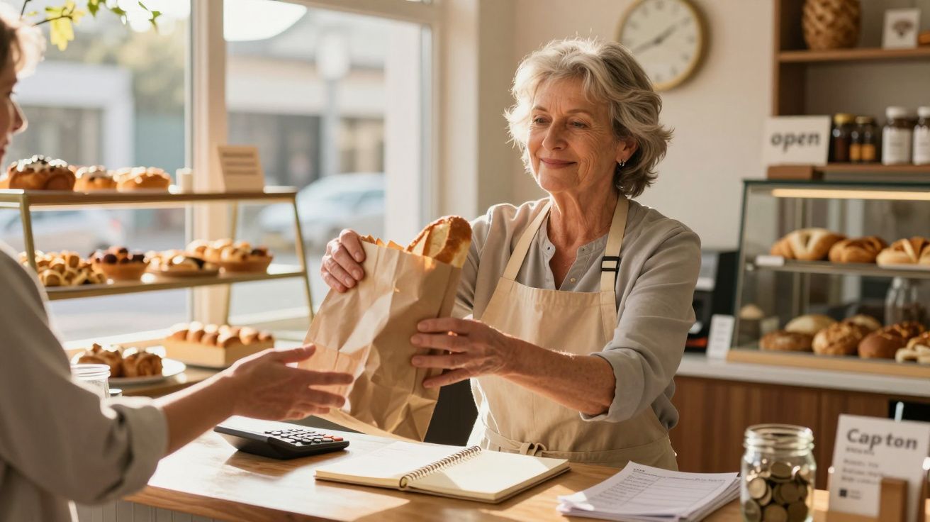 Mulher idosa numa padaria, a entregar um saco de papel com pão a um cliente.
