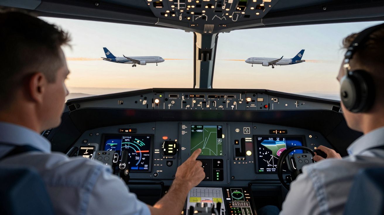 Pilotos no cockpit de um avião com dois aviões a voar à frente no horizonte.