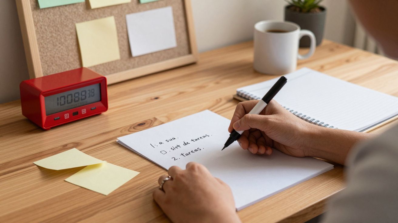 Pessoa a escrever lista de tarefas numa secretária com bloco de notas, relógio vermelho e chávena.
