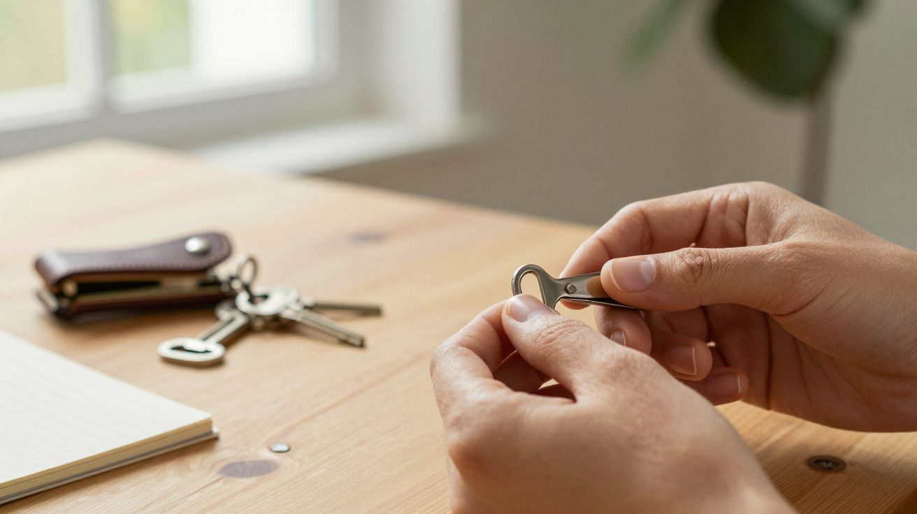 Mãos seguram uma pequena ferramenta metálica sobre uma mesa de madeira. Ao fundo, chaves e carteira ao lado de um caderno.