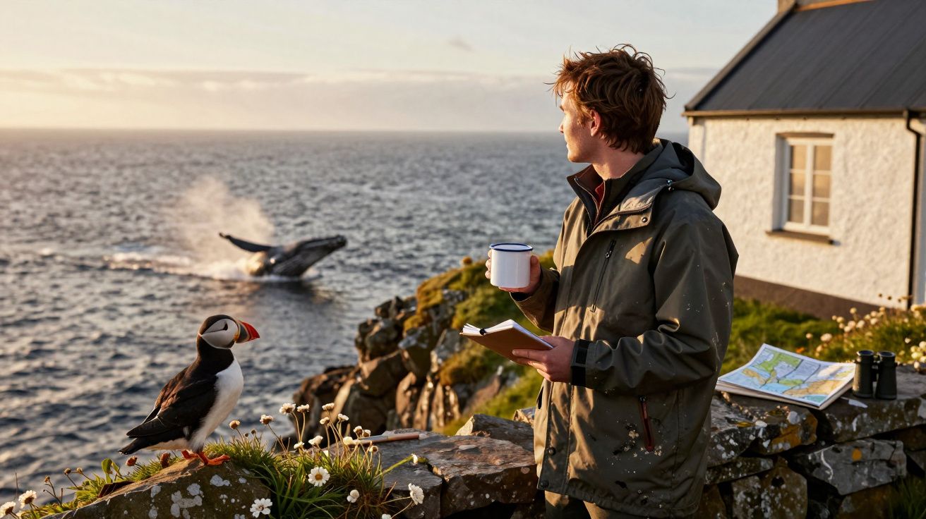 Homem com chá observa baleia e papagaio no penhasco à beira-mar, com mapa e binóculos ao lado.