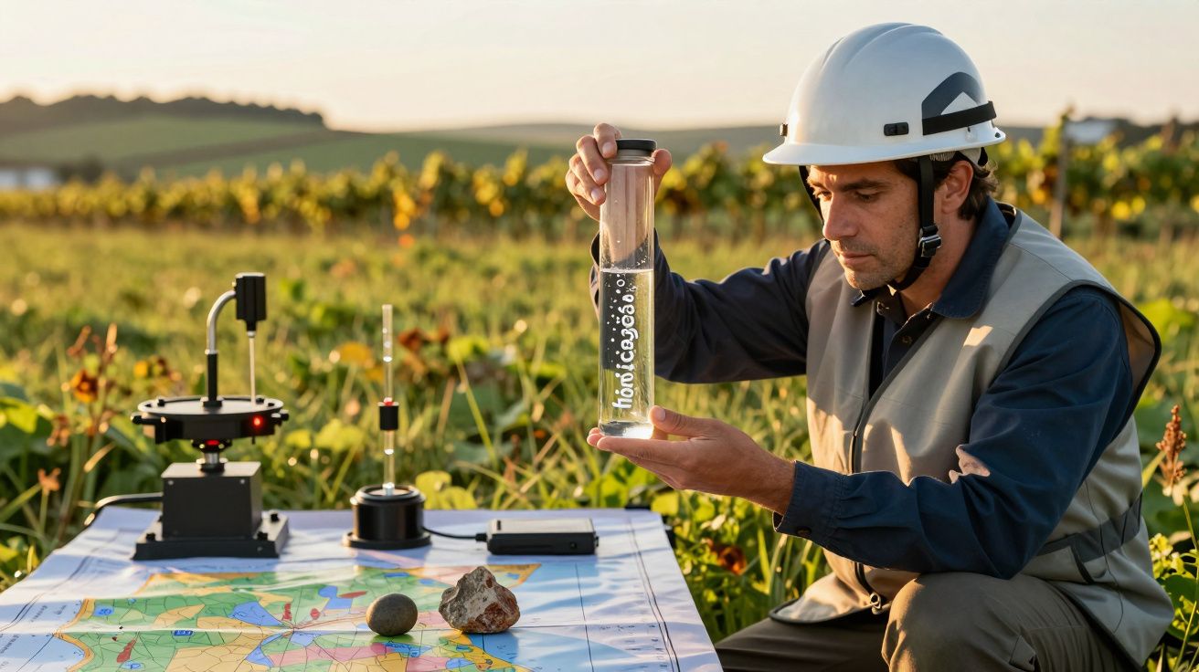 Cientista com capacete analisa amostra de solo numa paisagem rural, com mapa sobre a mesa e instrumentos de medição.