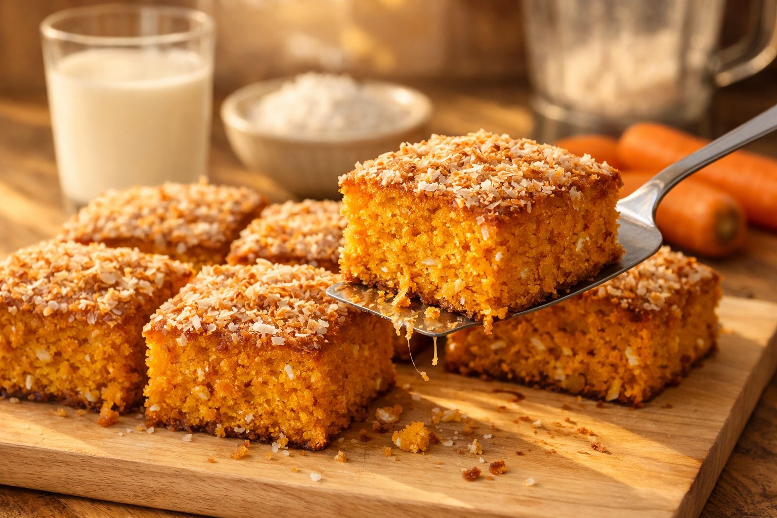 Bolo de cenoura com cobertura branca, uma fatia é retirada, sobre uma tábua de madeira, ingredientes ao fundo.