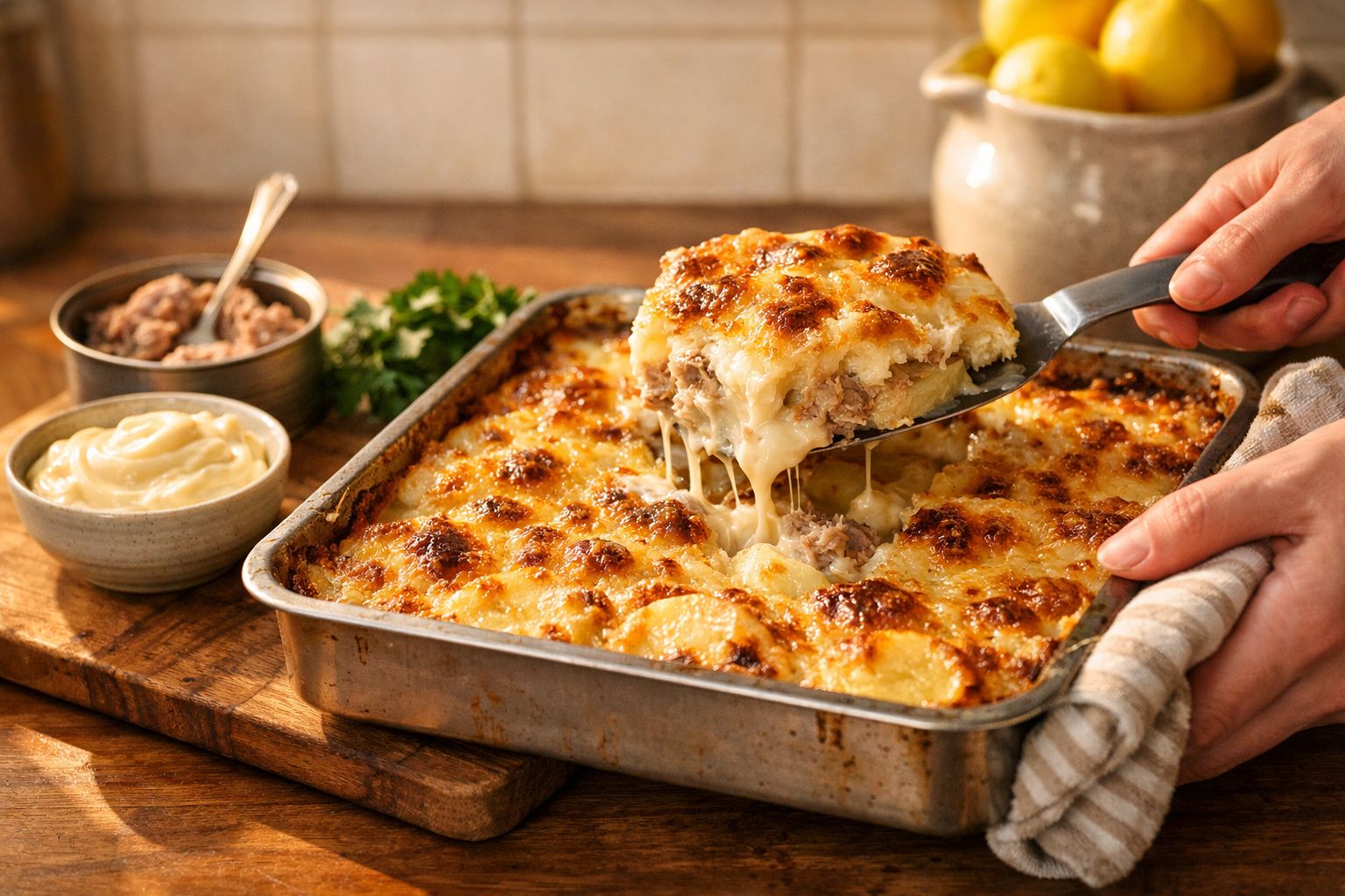 Travessa de bacalhau com natas acabado de sair do forno, rodeada por pratos de batatas e salada.