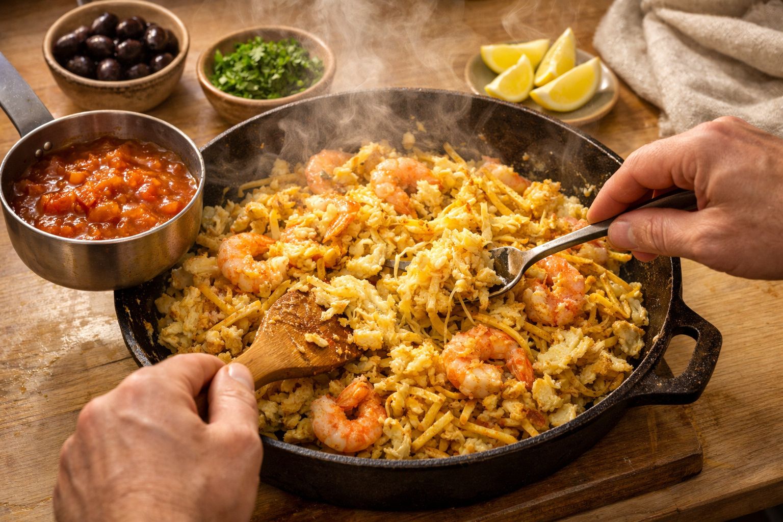 Pessoa a cozinhar bacalhau à brás com camarão numa frigideira, rodeada de ingredientes como azeitonas e limão.