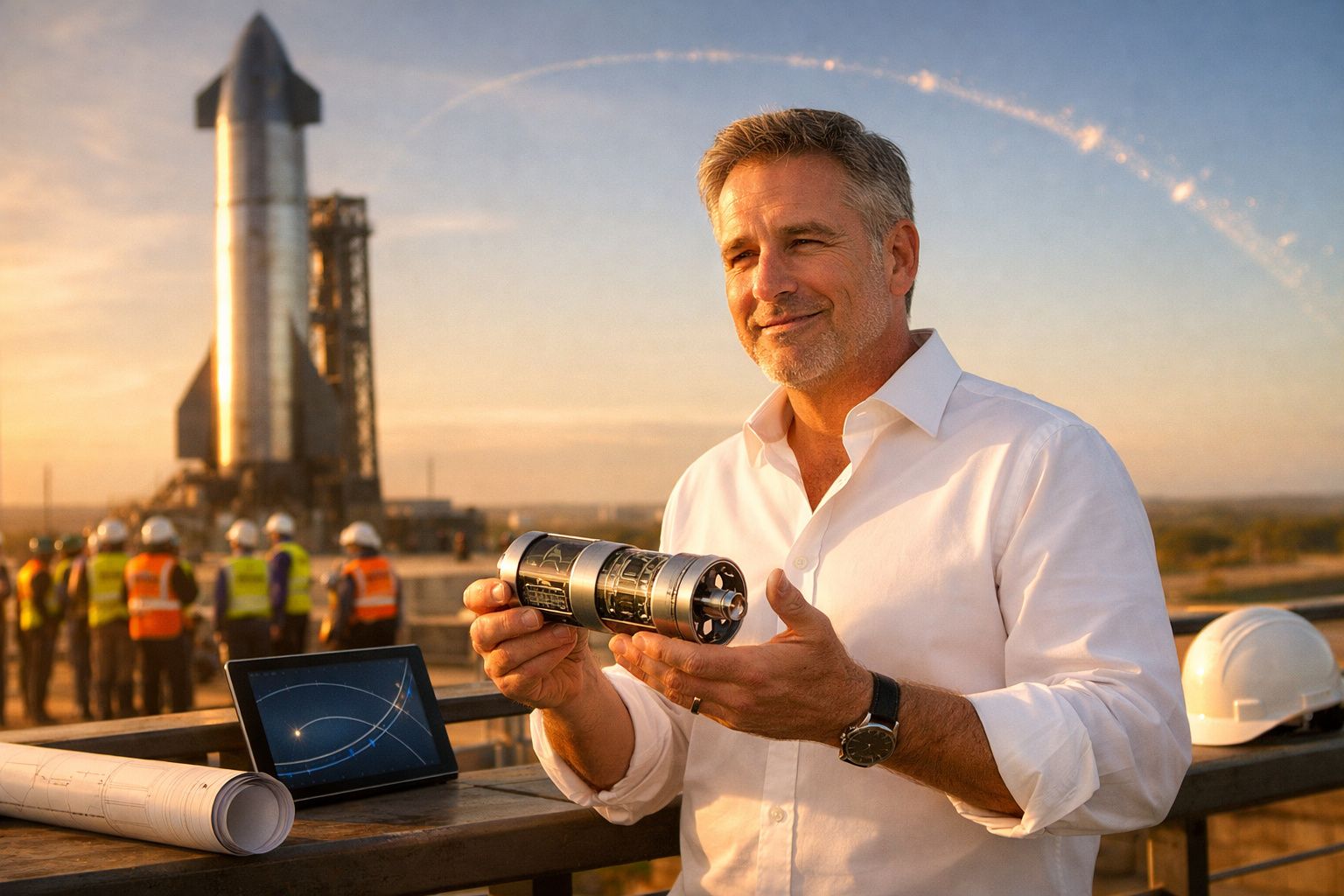Homem segurando objeto cilíndrico em frente a foguete, com engenheiros ao fundo e capacetes na mesa.