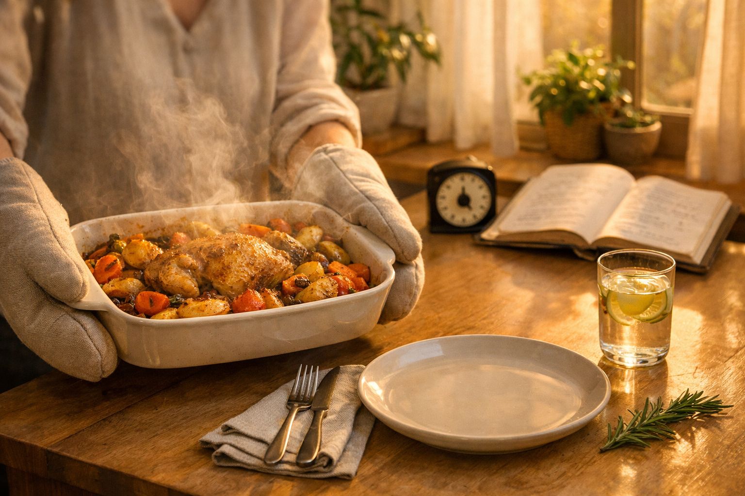 Pessoa a servir assado de legumes e carne em mesa de madeira com prato vazio, talheres e copo com água.