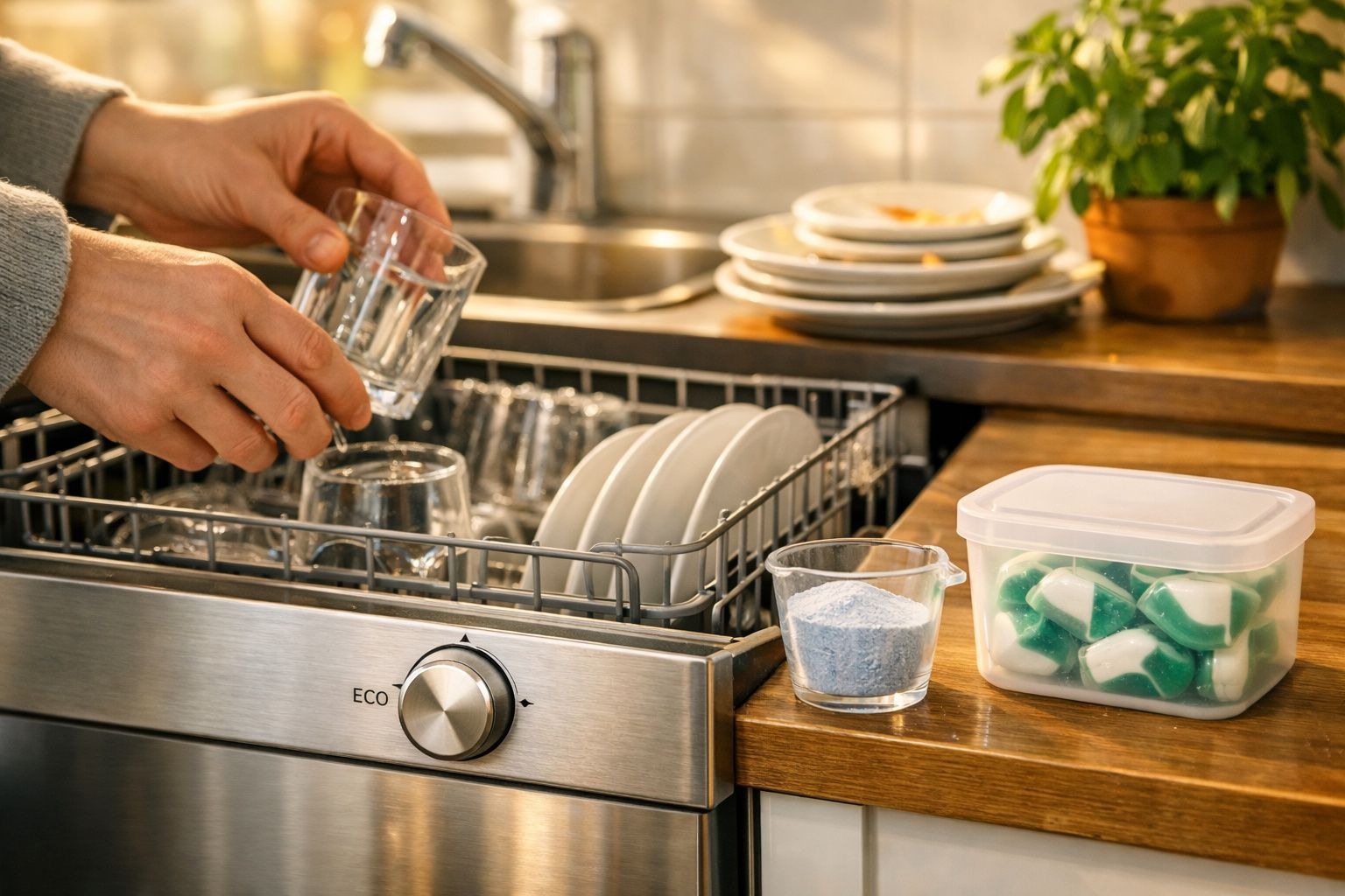 Mãos ajustam máquina de lavar louça aberta, cheia de pratos e talheres à luz do sol, com copo de água e limões ao lado.