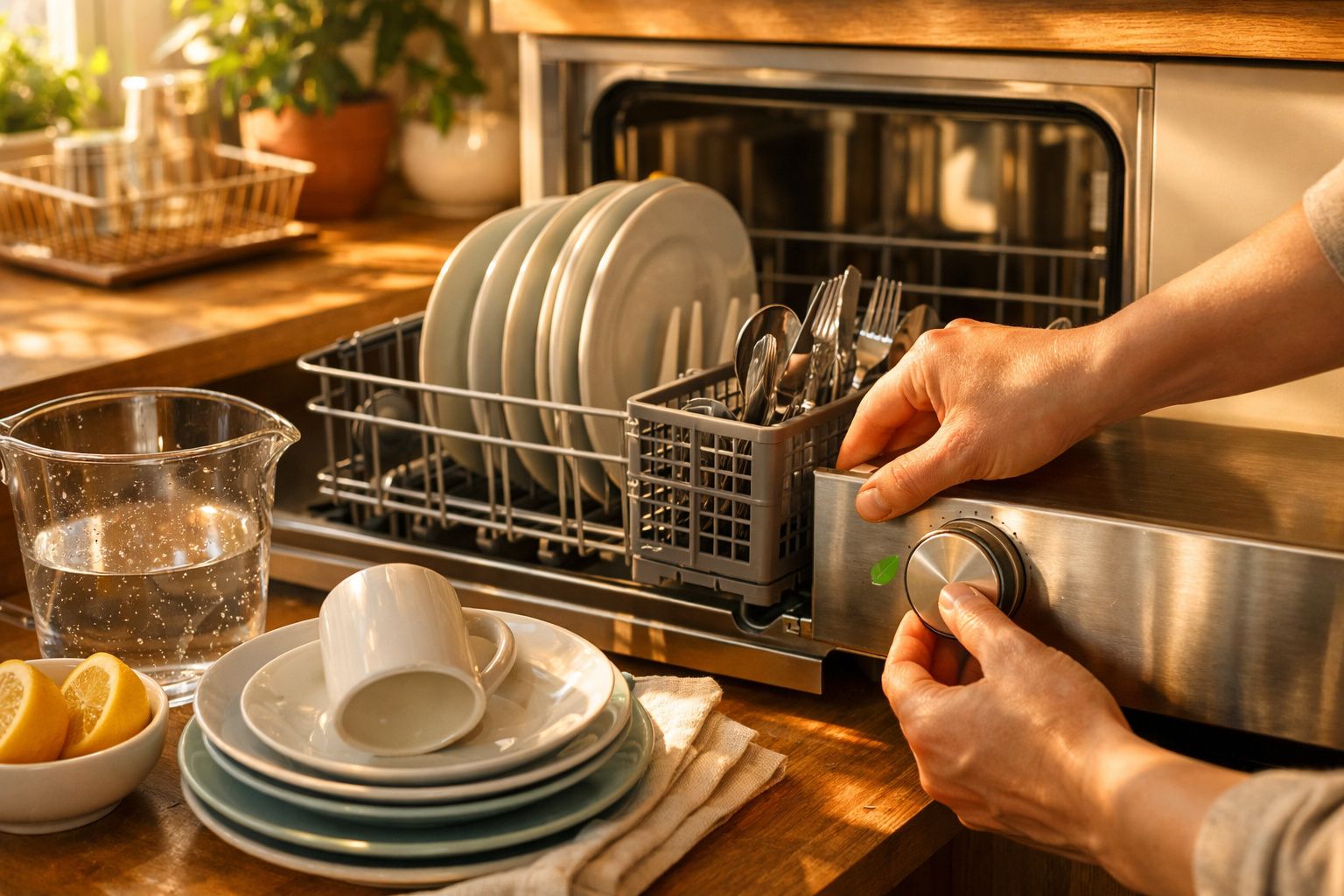 Pessoa ajusta o botão de uma máquina de lavar louça cheia de pratos e talheres, com pires e chávena na bancada.