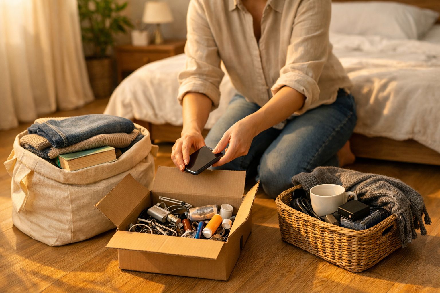 Pessoa organiza objetos numa caixa de cartão, ao lado de um cesto com chávena e cesto com roupas num quarto.