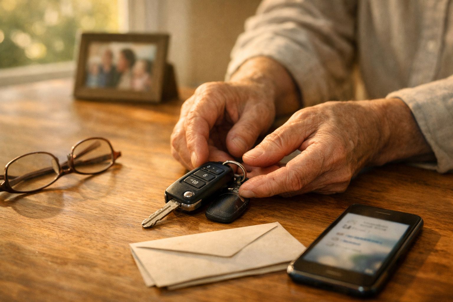 Mãos segurando chaves de carro sobre mesa com óculos, envelope e telemóvel ao lado. Foto emoldurada ao fundo.