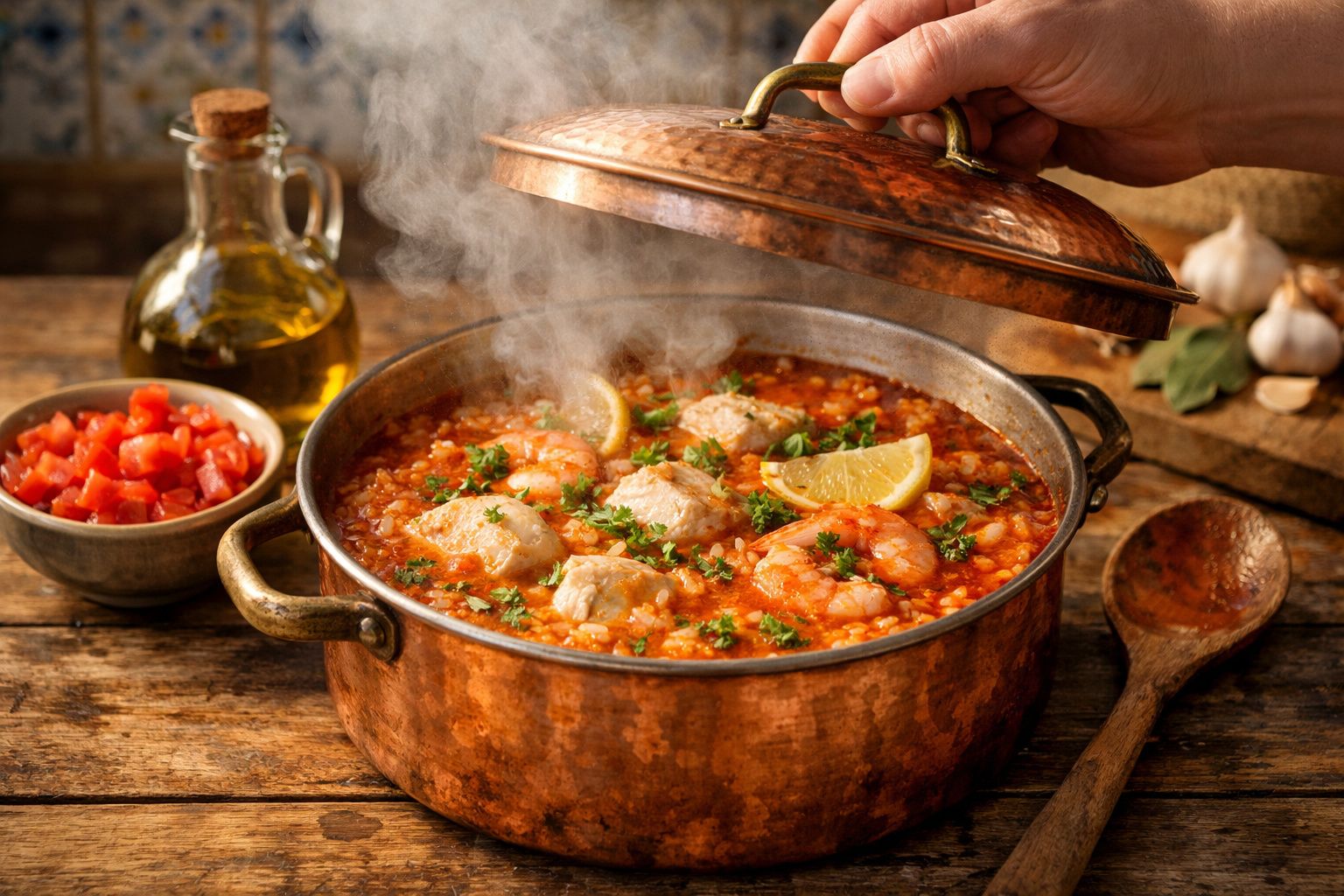 Panela de cobre com arroz de peixe, tomate e salsa a ser tapada; fundo com colher de madeira e limão cortado.