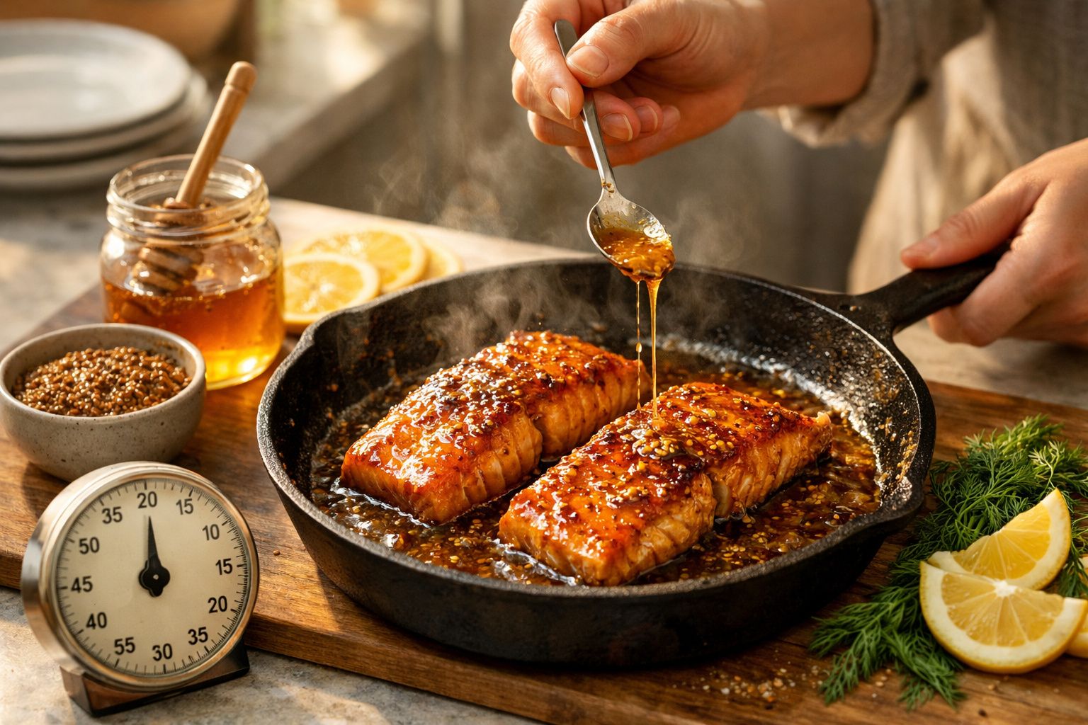 Filetes de salmão caramelizados numa frigideira de ferro, com mel a ser vertido, rodeados de limão e ervas frescas.
