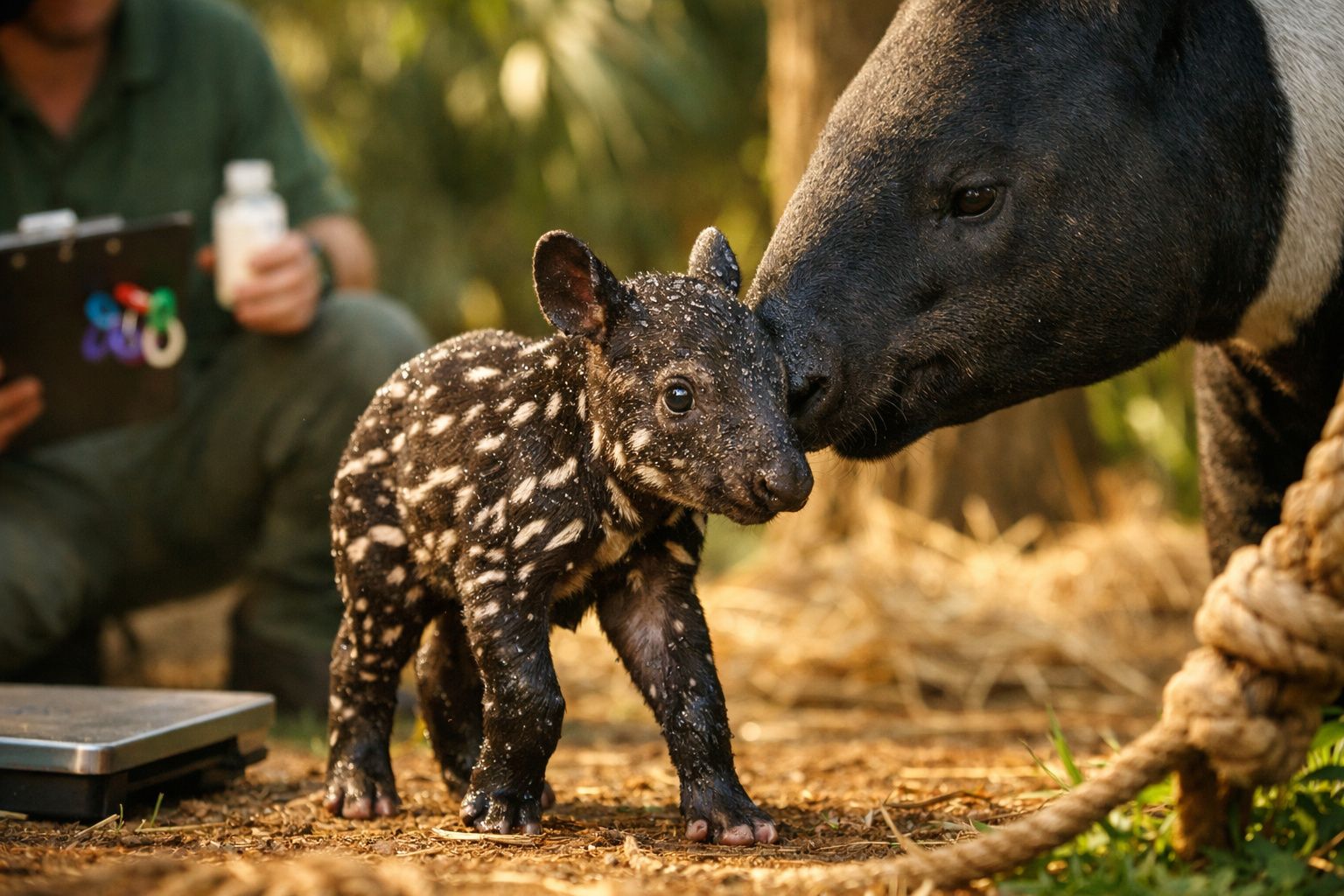 Uma cria de anta malhada recebe carinho da mãe enquanto uma pessoa observa ao fundo.