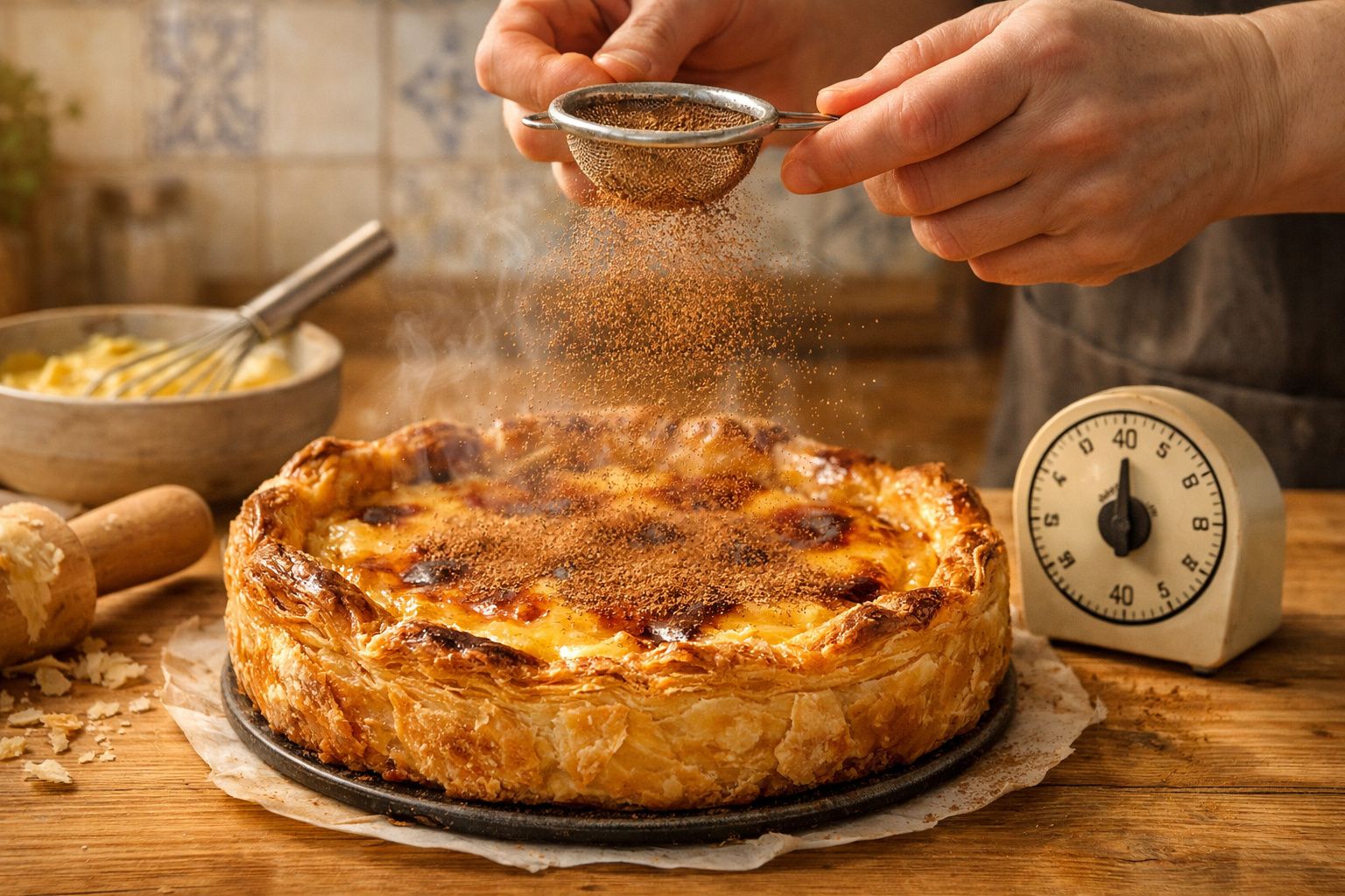 Pessoa a servir uma fatia de tarte de creme amarelo com crosta dourada num ambiente de cozinha.