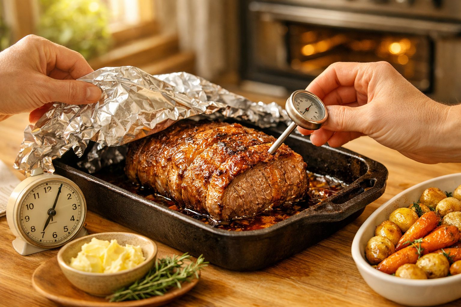 Carne assada em tabuleiro com termómetro, batatas e cenouras ao lado, sobre mesa de madeira.