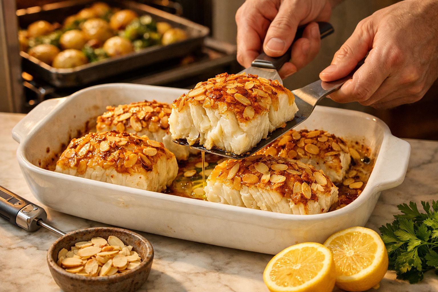 Posta de bacalhau com amêndoas numa travessa, sendo servida com espátula. Fatias de limão ao lado.
