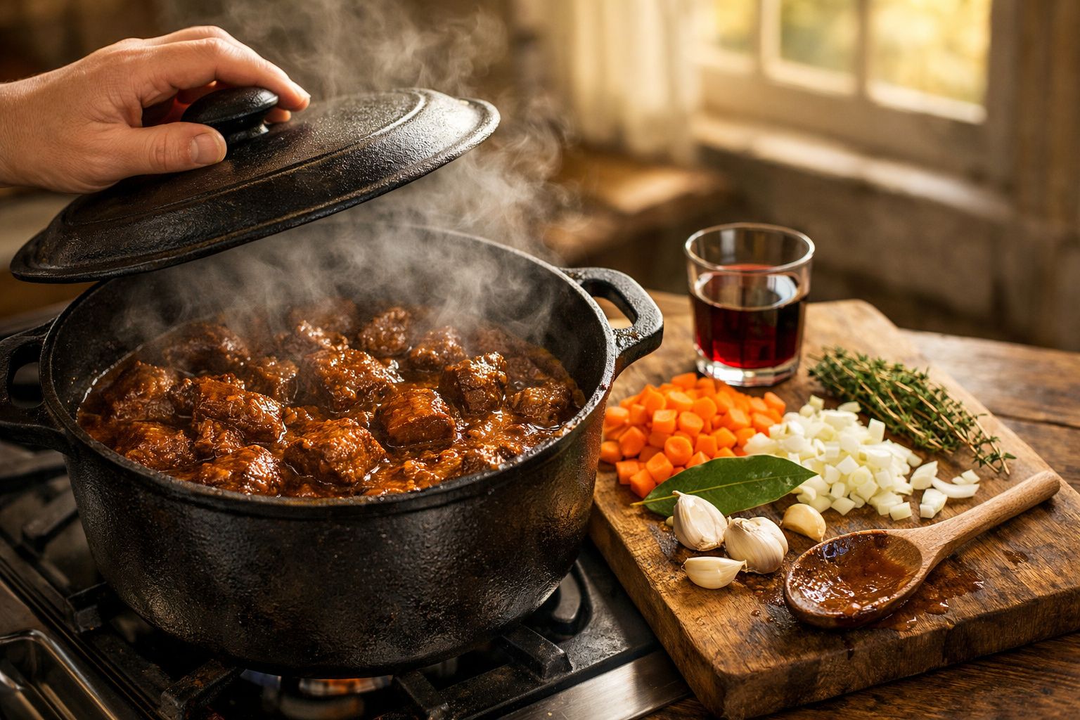 Mão levantando tampa de panela com guisado de carne, ao lado de tábua com legumes e ervas, e copo de vinho tinto.