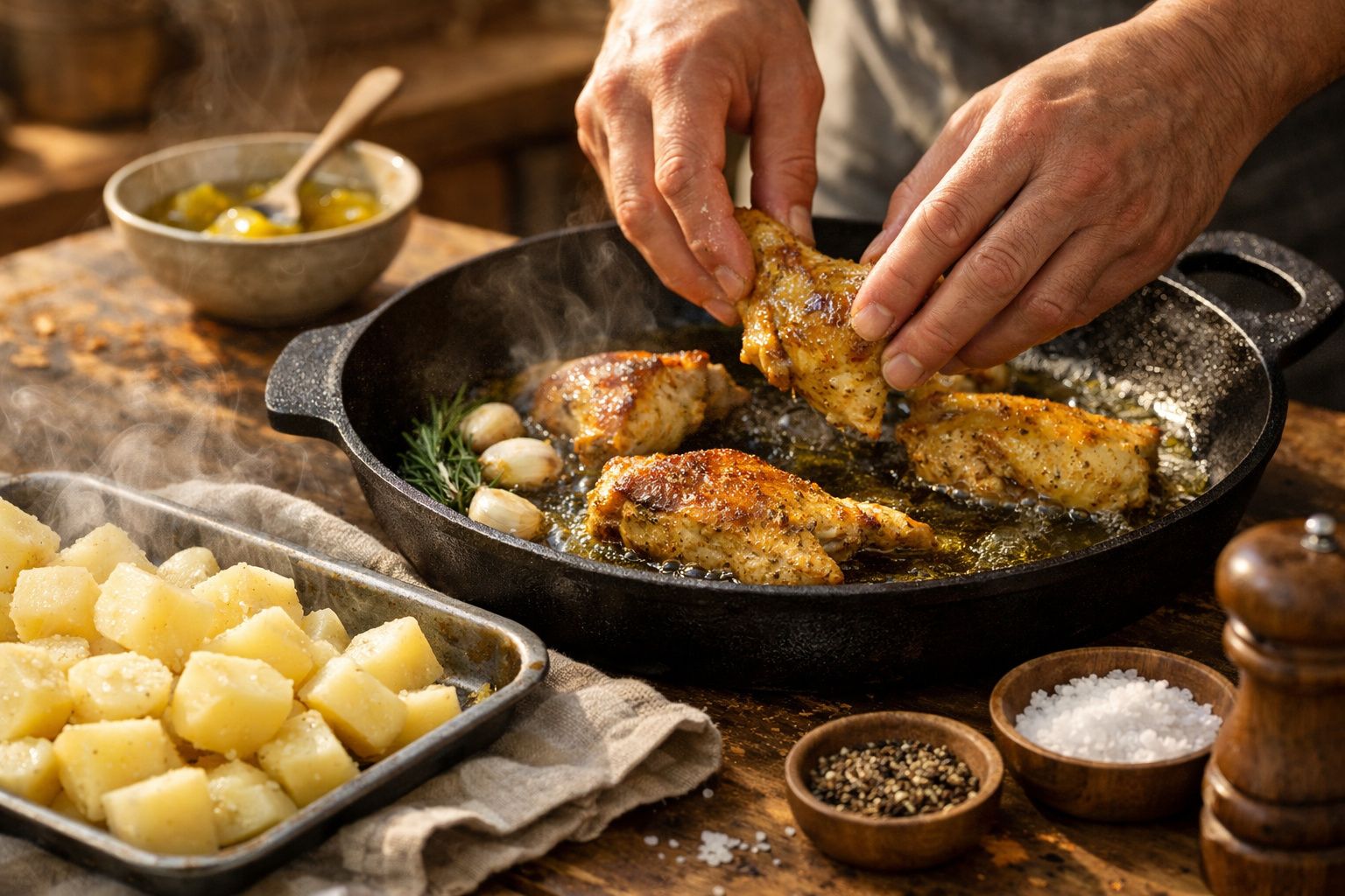 Frango assado e batatas douradas numa frigideira de ferro, regados com molho quente.