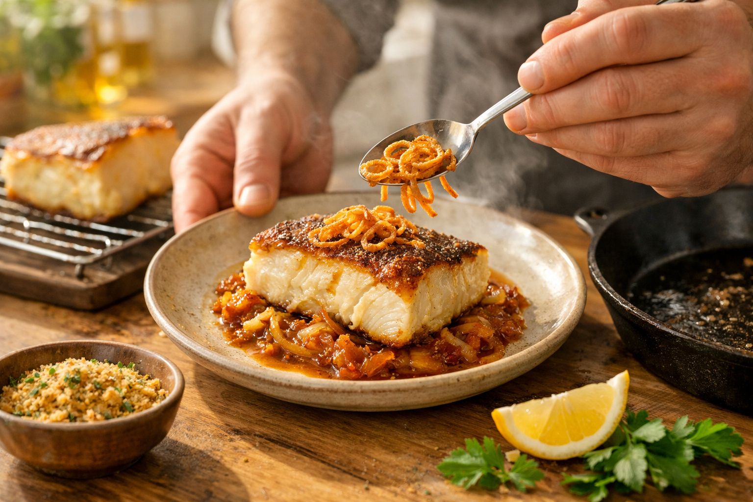 Pessoa a decorar prato de peixe assado com cebola frita, numa mesa rústica, com molho e cebola caramelizada ao lado.