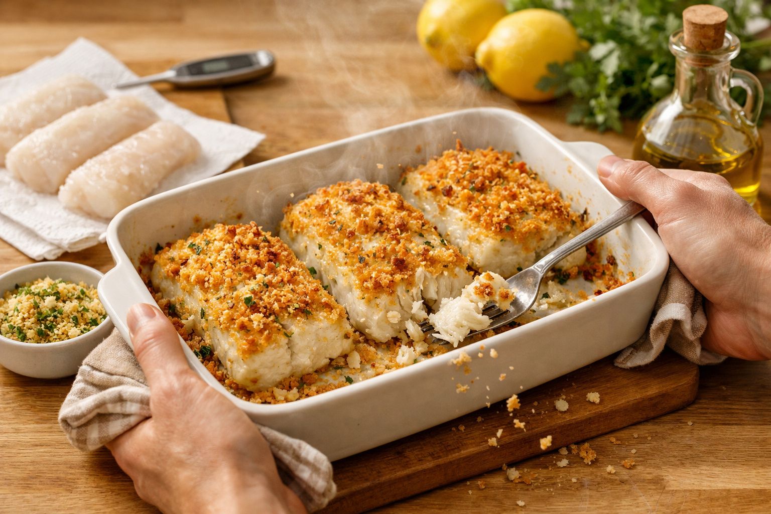 Filetes de peixe no forno com crosta de pão ralado e ervas, regados com sumo de limão.