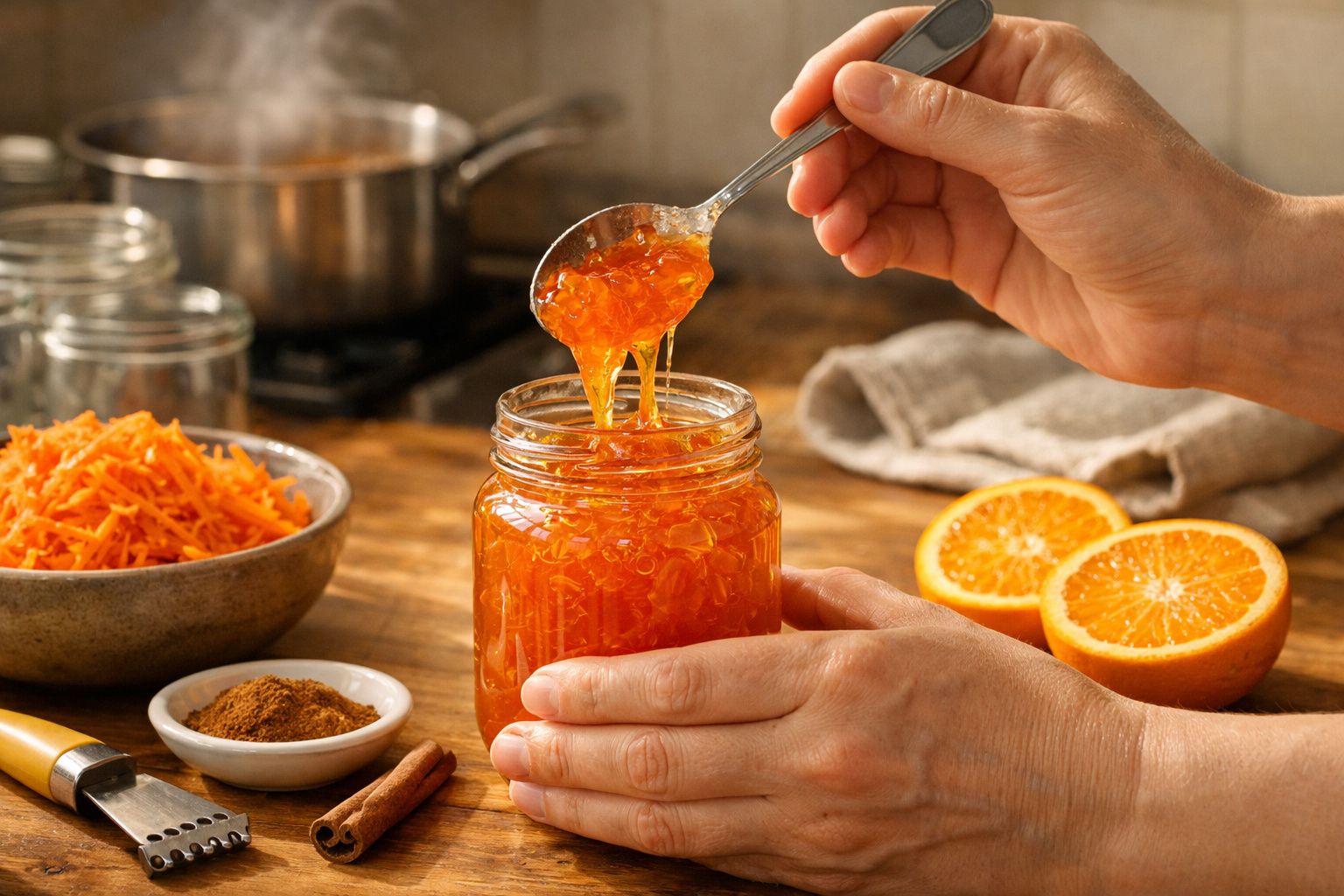 Mãos enchem frasco com doce de laranja usando funil, ao lado de especiarias e laranjas cortadas.
