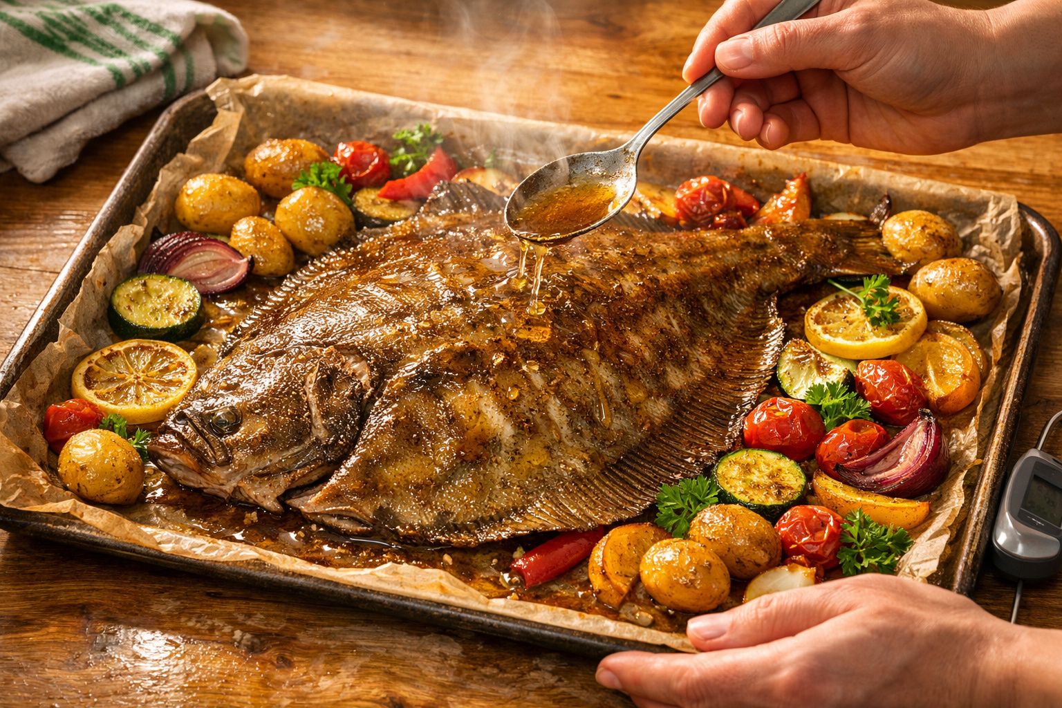 Peixe assado com rodelas de limão, tomilho, batatas, cenouras, cebolas e courgettes, temperado com molho.