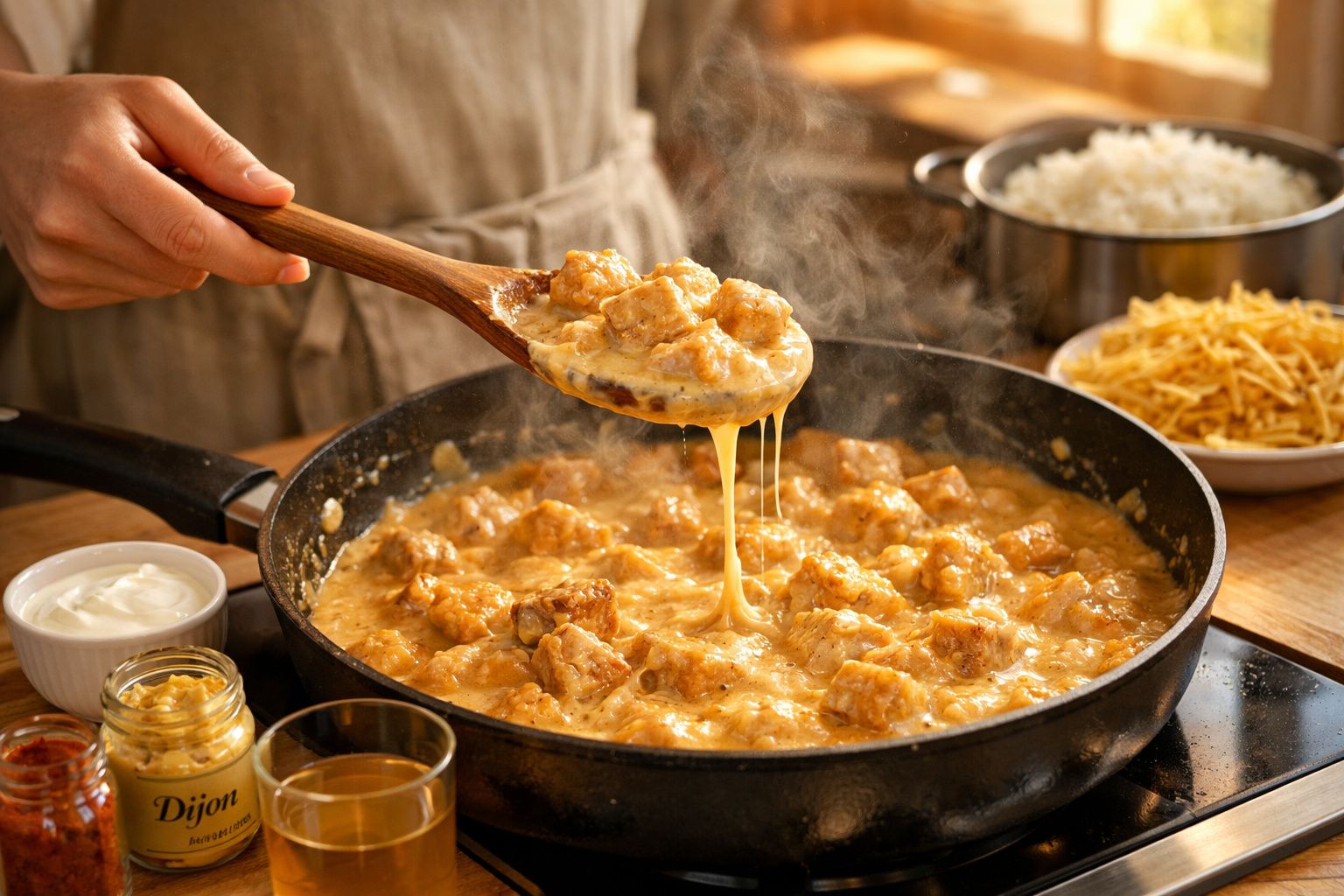 Pessoa cozinhando frango cremoso numa frigideira, com arroz e batatas fritas ao fundo.