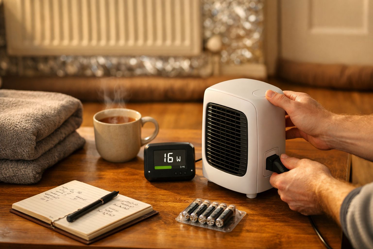 Mãos ajustam um aquecedor numa mesa com chávena de chá, bloco de notas, pilhas e um medidor de energia a mostrar 16W.