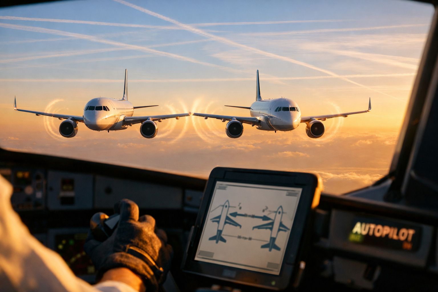 Dois aviões no céu, voando próximos ao anoitecer, com rastros de condensação visíveis atrás de ambos.