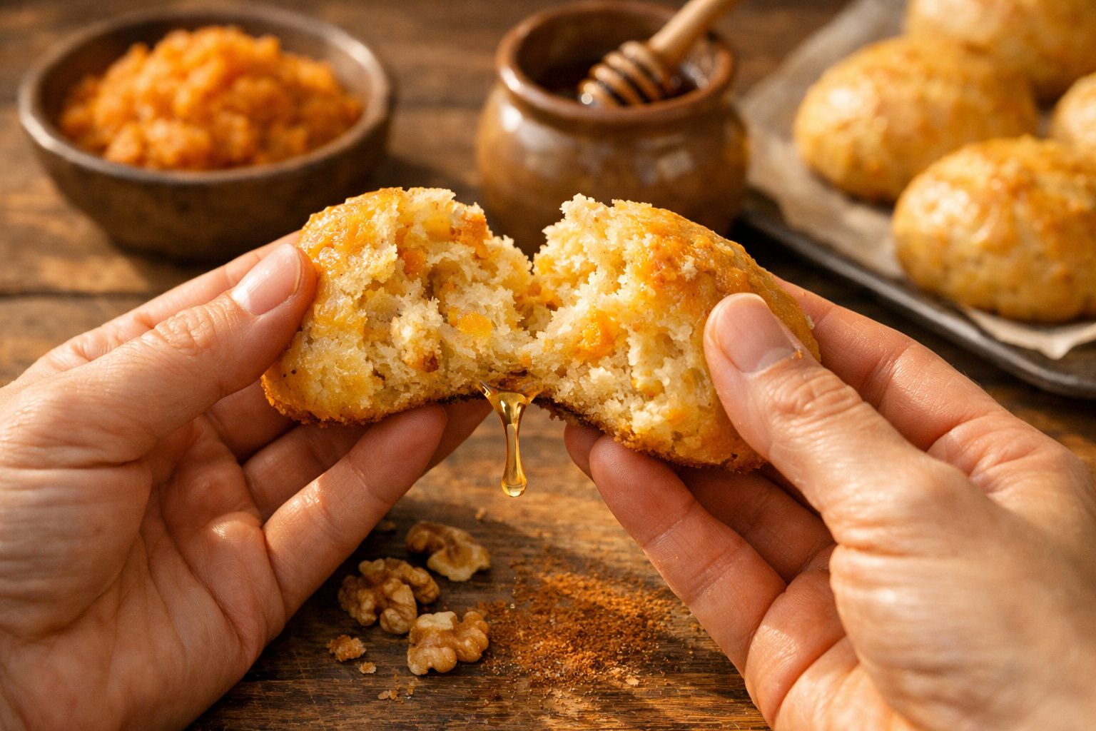 Pessoa segurando bolinho aberto, com mel a cair, rodeado por travessa de bolinhos inteiros.