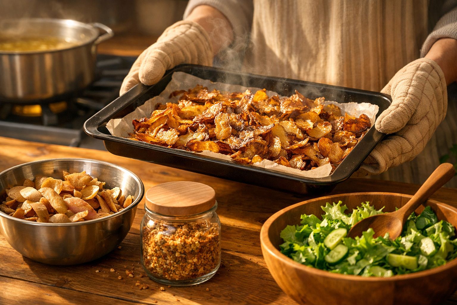 Pessoa segura tabuleiro com batatas assadas, ao lado de salada verde e tigelas de batata e tempero numa cozinha.