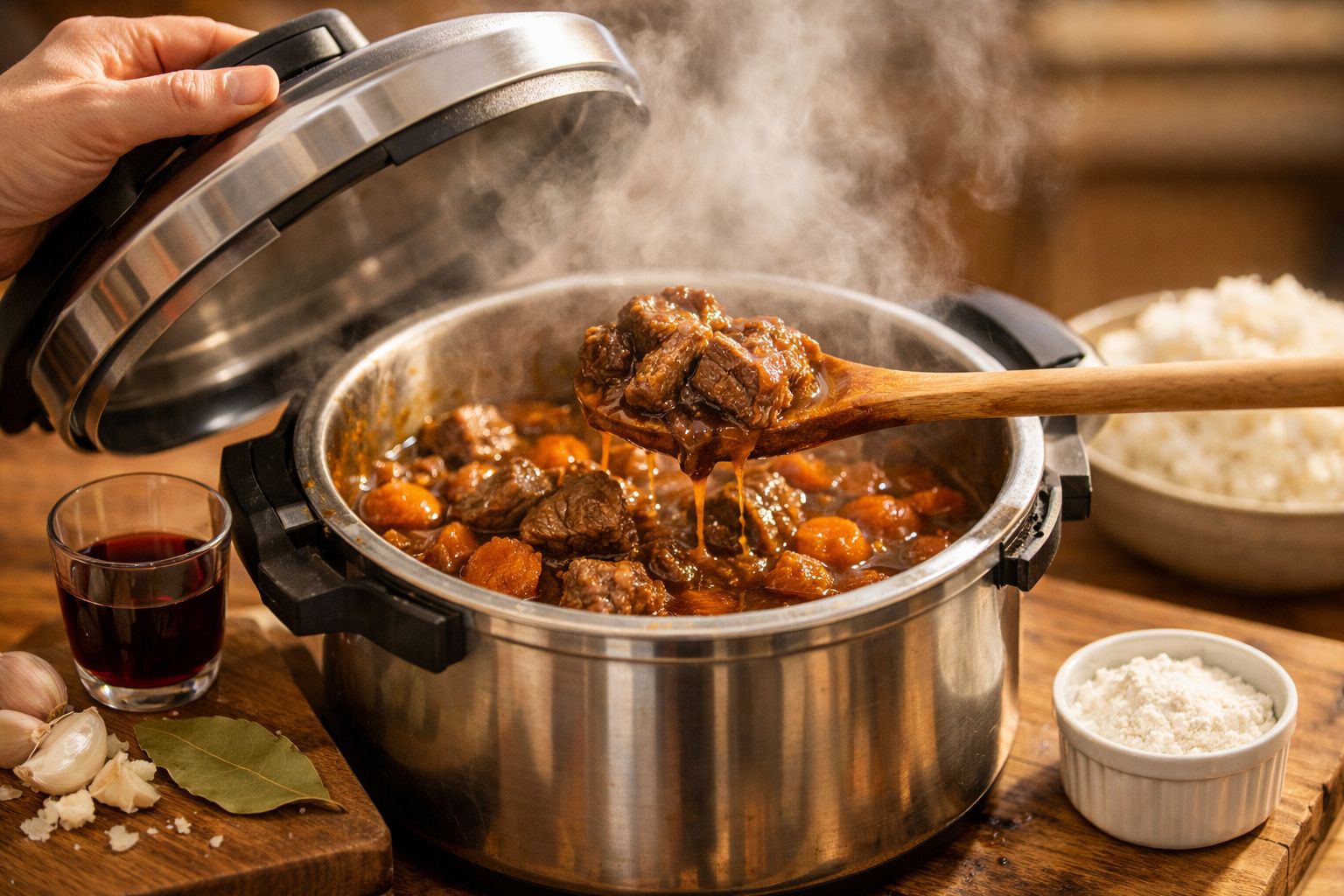 Panela de pressão com carne estufada e cenouras a ser servida com uma colher de pau, em cima de uma mesa de madeira.